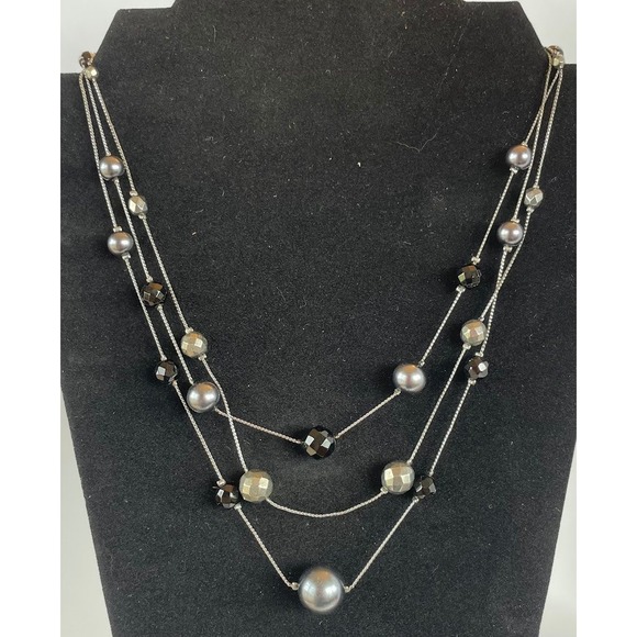 New York & Company Jewelry - Viintage Gray Faux Pearl & Faceted Bead 3-Strand Silver Tone Statement Necklace